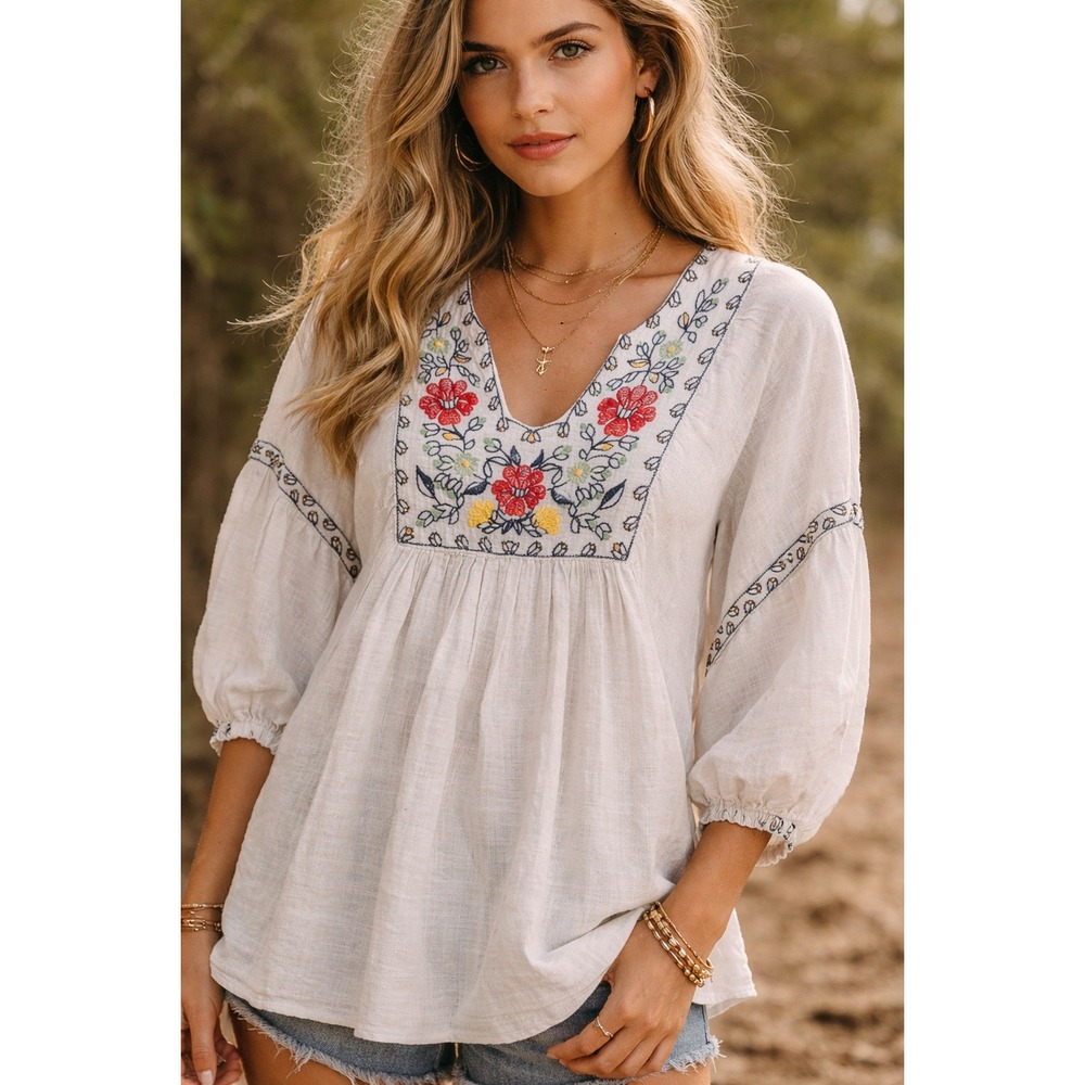 Bohemian Embroidered Babydoll Peasant Top Cotton Y2K Over Size S -L Hippie Retro